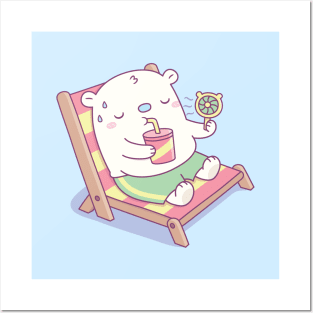 Cute Sweating Baby Polar Bear on Beach Chair Posters and Art